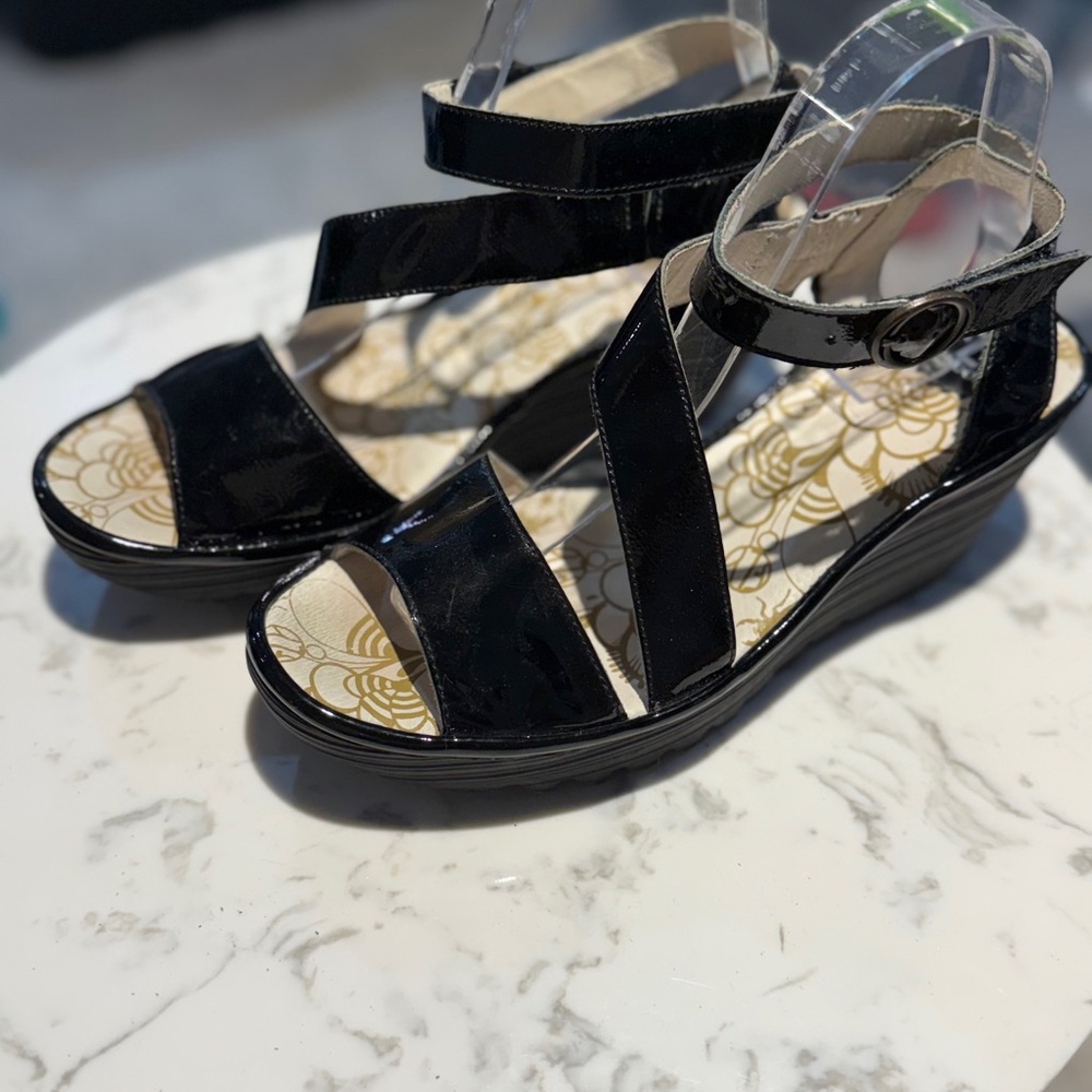 Fly London Black Patent Wedge Sandals
